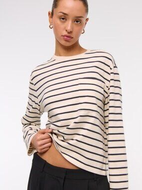 Abercrombie & Fitch Striped Cream and Black Long Sleeve Cotton Shirt Women's XS
